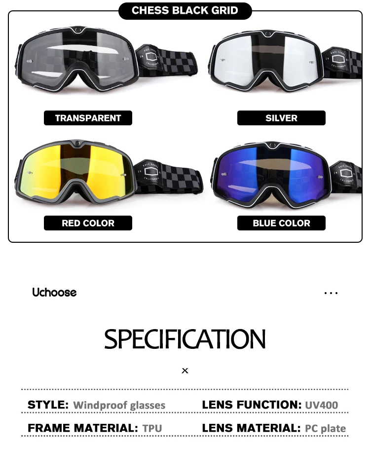 Retro Motorcycle Goggles Ski Glasses Sunglasses ATV Goggles Non-slip Belt AntiUV Cafe Racer Chopper Cycling Racing Free Shipping