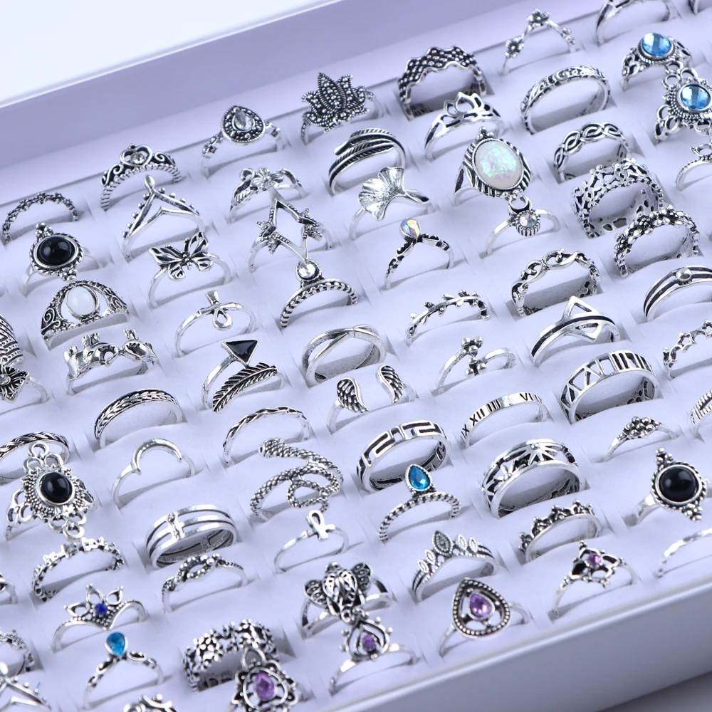20Pcs/Lot Vintage Bohemia Geometry Flowers Leaf Rings For Charm Women Mix Style Color Fashion Jewelry Gift Accessories Wholesale