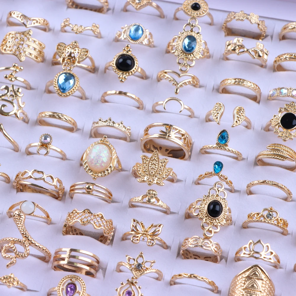 20Pcs/Lot Vintage Bohemia Geometry Flowers Leaf Rings For Charm Women Mix Style Color Fashion Jewelry Gift Accessories Wholesale