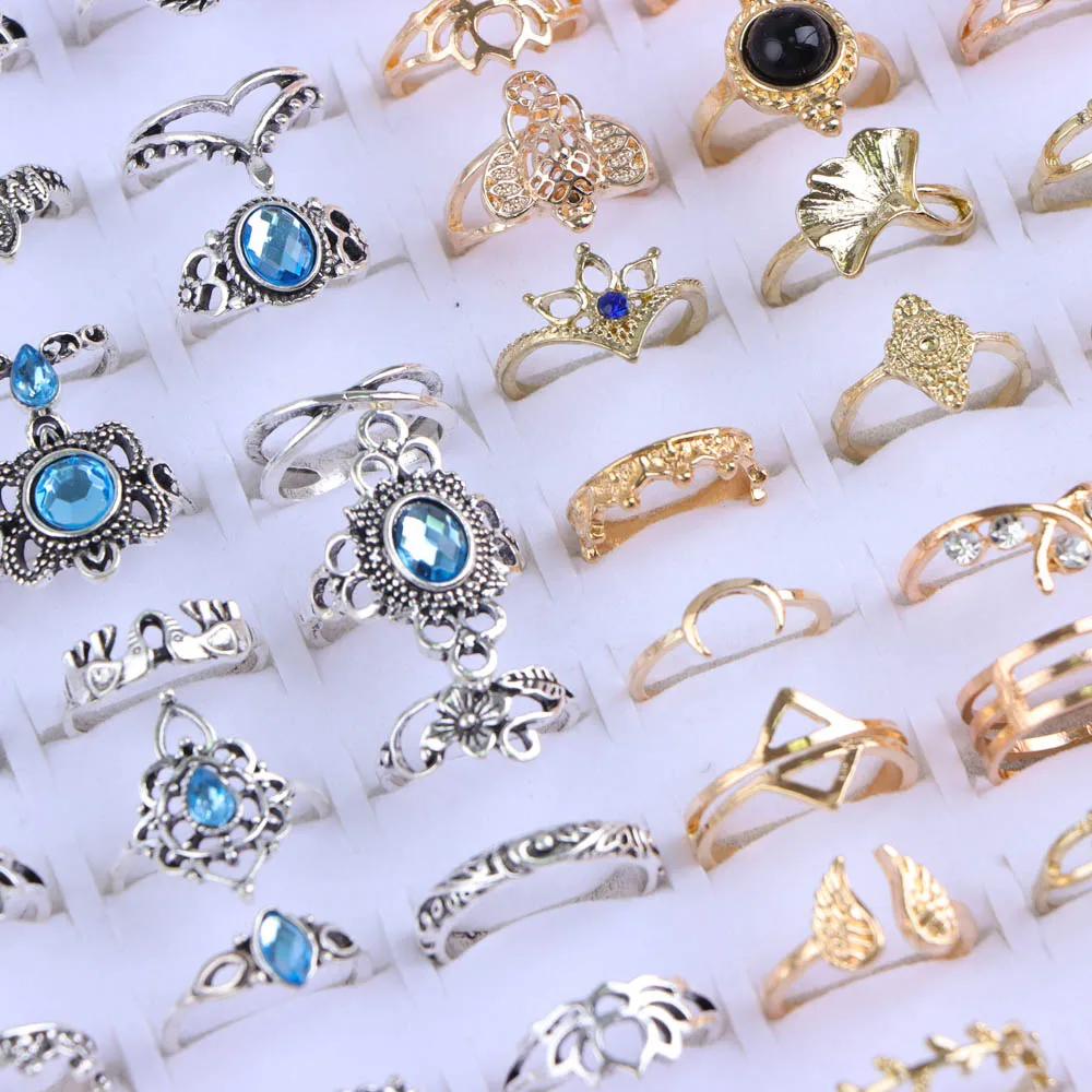 20Pcs/Lot Vintage Bohemia Geometry Flowers Leaf Rings For Charm Women Mix Style Color Fashion Jewelry Gift Accessories Wholesale