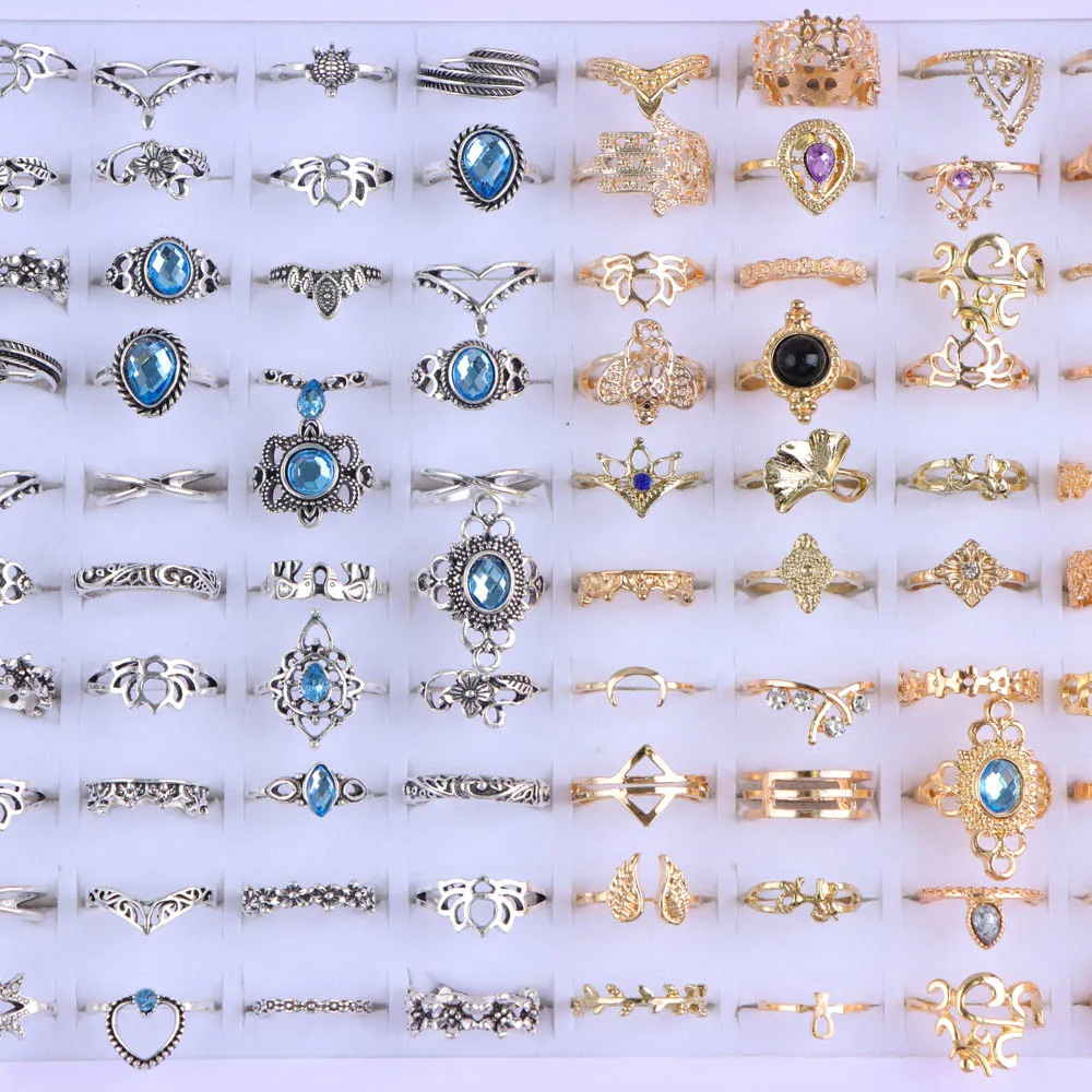 20Pcs/Lot Vintage Bohemia Geometry Flowers Leaf Rings For Charm Women Mix Style Color Fashion Jewelry Gift Accessories Wholesale