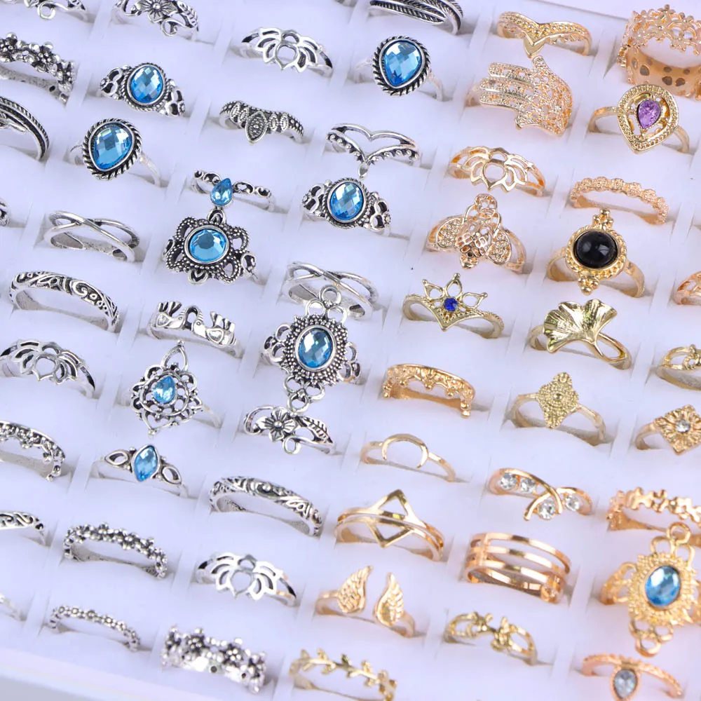 20Pcs/Lot Vintage Bohemia Geometry Flowers Leaf Rings For Charm Women Mix Style Color Fashion Jewelry Gift Accessories Wholesale