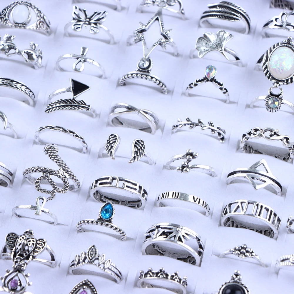 20Pcs/Lot Vintage Bohemia Geometry Flowers Leaf Rings For Charm Women Mix Style Color Fashion Jewelry Gift Accessories Wholesale