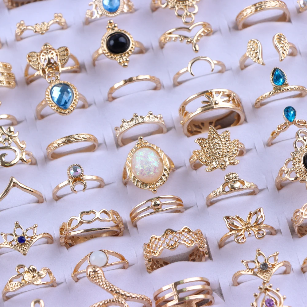 20Pcs/Lot Vintage Bohemia Geometry Flowers Leaf Rings For Charm Women Mix Style Color Fashion Jewelry Gift Accessories Wholesale