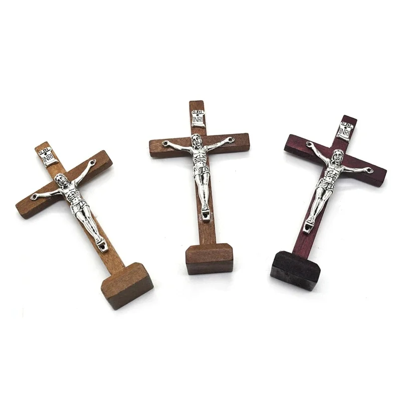 1Pc Wooden Catholic Jesus Cross with Stand Vintage Religious Christian Standing Crucifix Church Home Shelf Tabletop Ornaments