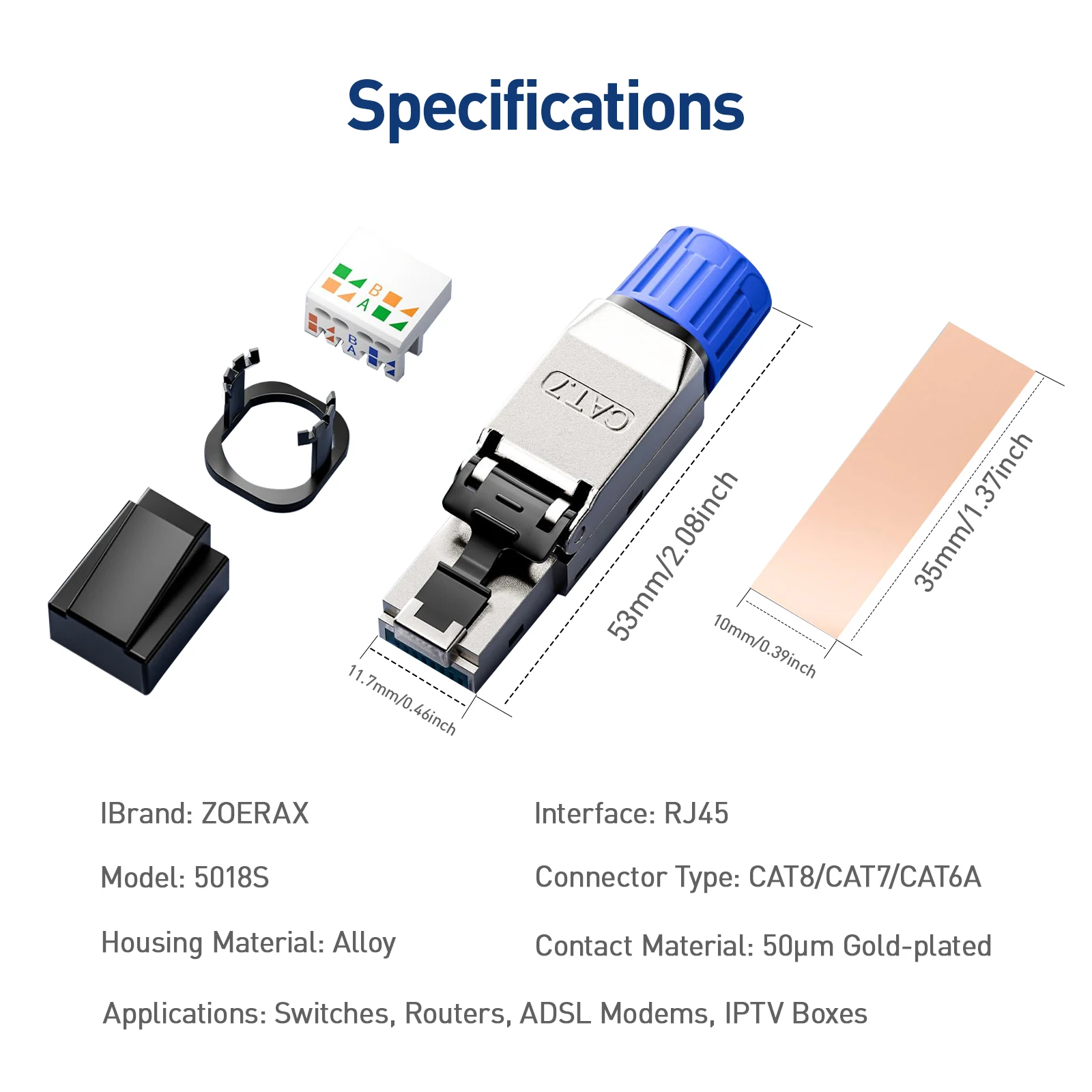 ZoeRax RJ45 CAT8 CAT7 CAT6A Toolless Ethernet Cable Connector Shielded 40/10Gbps Network Cable Plug for 22~24AWG STP Lan Cable