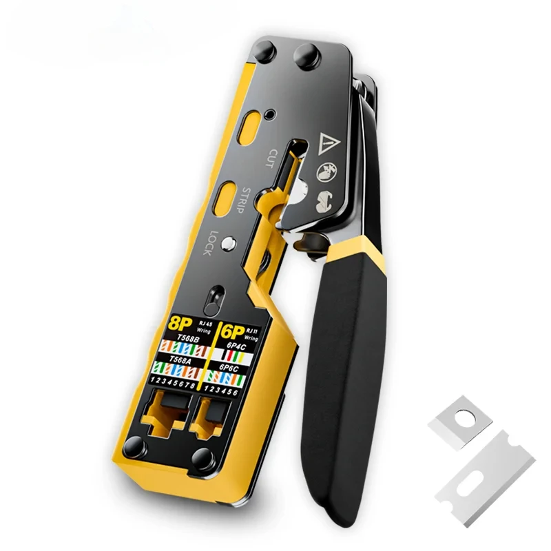 BEECHIP RJ45 Crimp Tool Pass Through Ethernet Crimping Tool for Cat6 Cat5 Cat5e RJ45 Connectors with Replacement Blade
