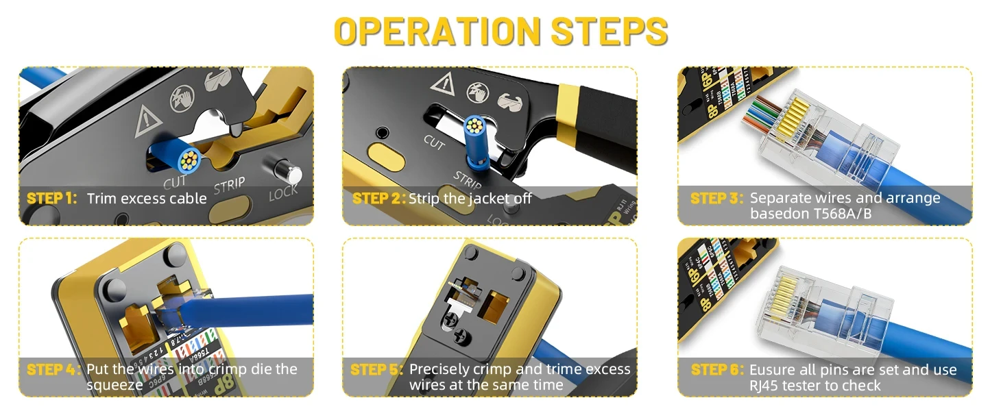 BEECHIP RJ45 Crimp Tool Pass Through Ethernet Crimping Tool for Cat6 Cat5 Cat5e RJ45 Connectors with Replacement Blade