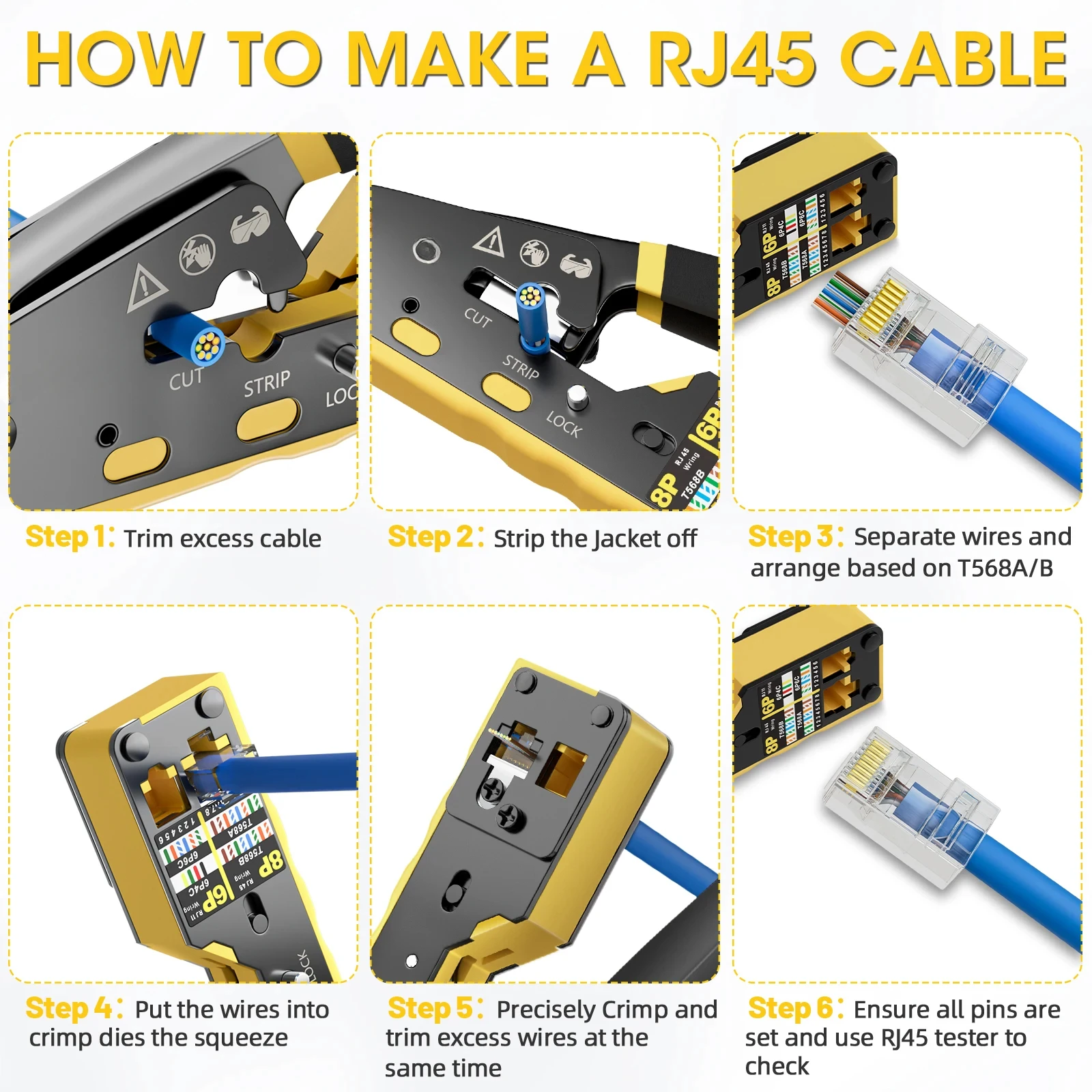 BEECHIP RJ45 Crimp Tool Pass Through Ethernet Crimping Tool for Cat6 Cat5 Cat5e RJ45 Connectors with Replacement Blade