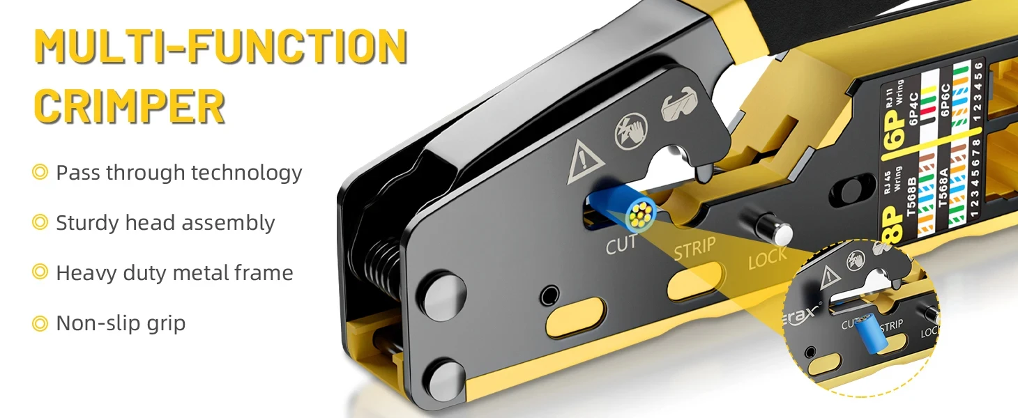 BEECHIP RJ45 Crimp Tool Pass Through Ethernet Crimping Tool for Cat6 Cat5 Cat5e RJ45 Connectors with Replacement Blade