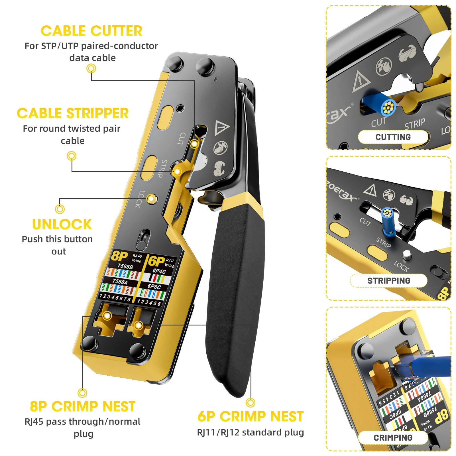 BEECHIP RJ45 Crimp Tool Pass Through Ethernet Crimping Tool for Cat6 Cat5 Cat5e RJ45 Connectors with Replacement Blade