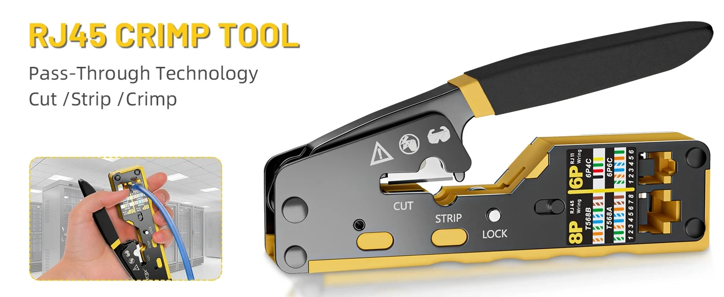 BEECHIP RJ45 Crimp Tool Pass Through Ethernet Crimping Tool for Cat6 Cat5 Cat5e RJ45 Connectors with Replacement Blade