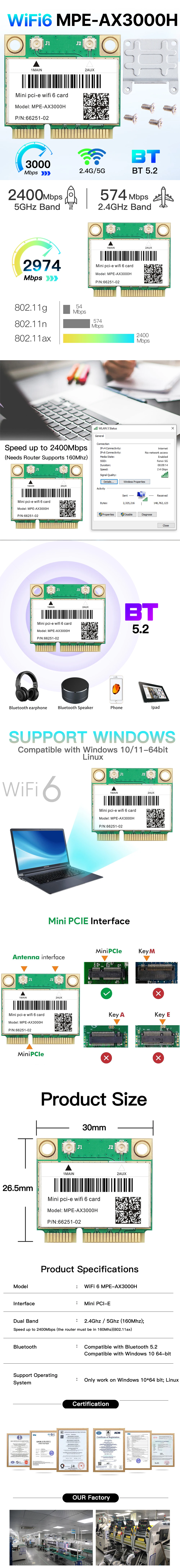 WiFi 6 MPE-AX3000H Mini PCI-E Wifi Card Dual Band 2.4G/5G BT 5.2 802.11ax 2974Mbps Wireless Adapter For Laptop/PC Like AX210