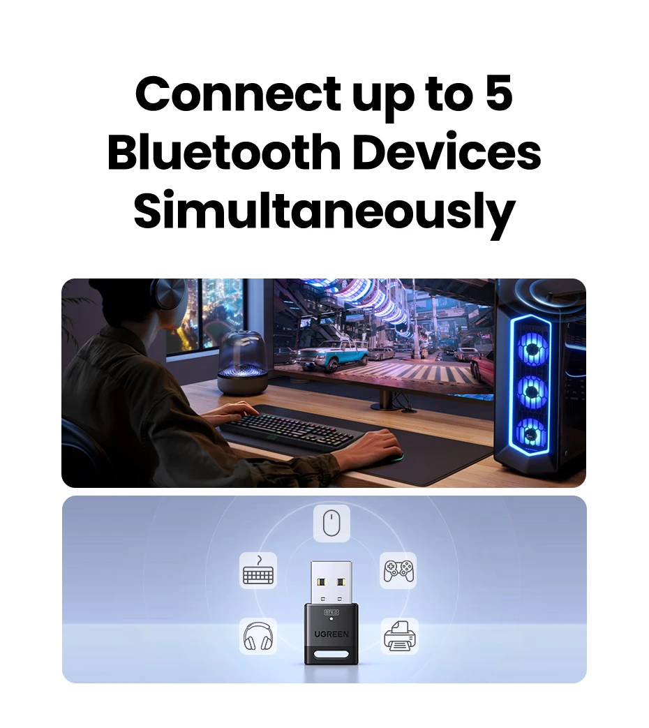 UGREEN USB Bluetooth Adapter, Bluetooth 6.0 Dongle for PC Windows 11/10/8.1, Bluetooth Receiver & Transmitter for Keyboard/Mouse