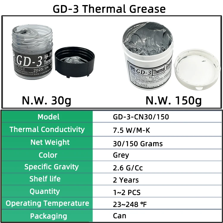 GD-3 Thermal Conductive Grease 7.5 W/M-K Net Weight 30/150 Grams Gray Paste Plaster Heat Sink Compound for Computer CPU GPU CN30