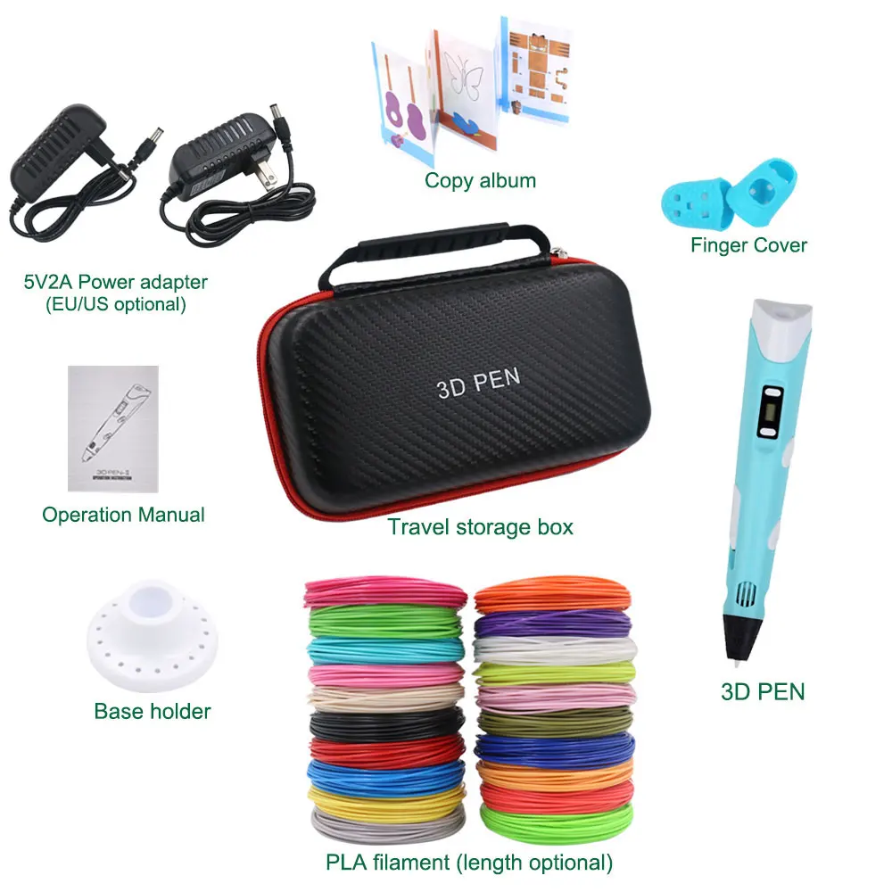 Kids 3D Printing Pen Set 3D Pen with LCD Display Power Adapter Storage Box 200M PLA Filament Children's Birthday Christmas Gift