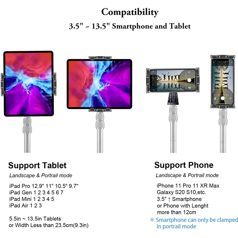 Universal Tablet Phone Tripod Mount Tilt Adjust 360°Rotating Stand Holder Clip for IPad Mini Air Pro 12.9 Xiaomi Huawei Pad Vlog