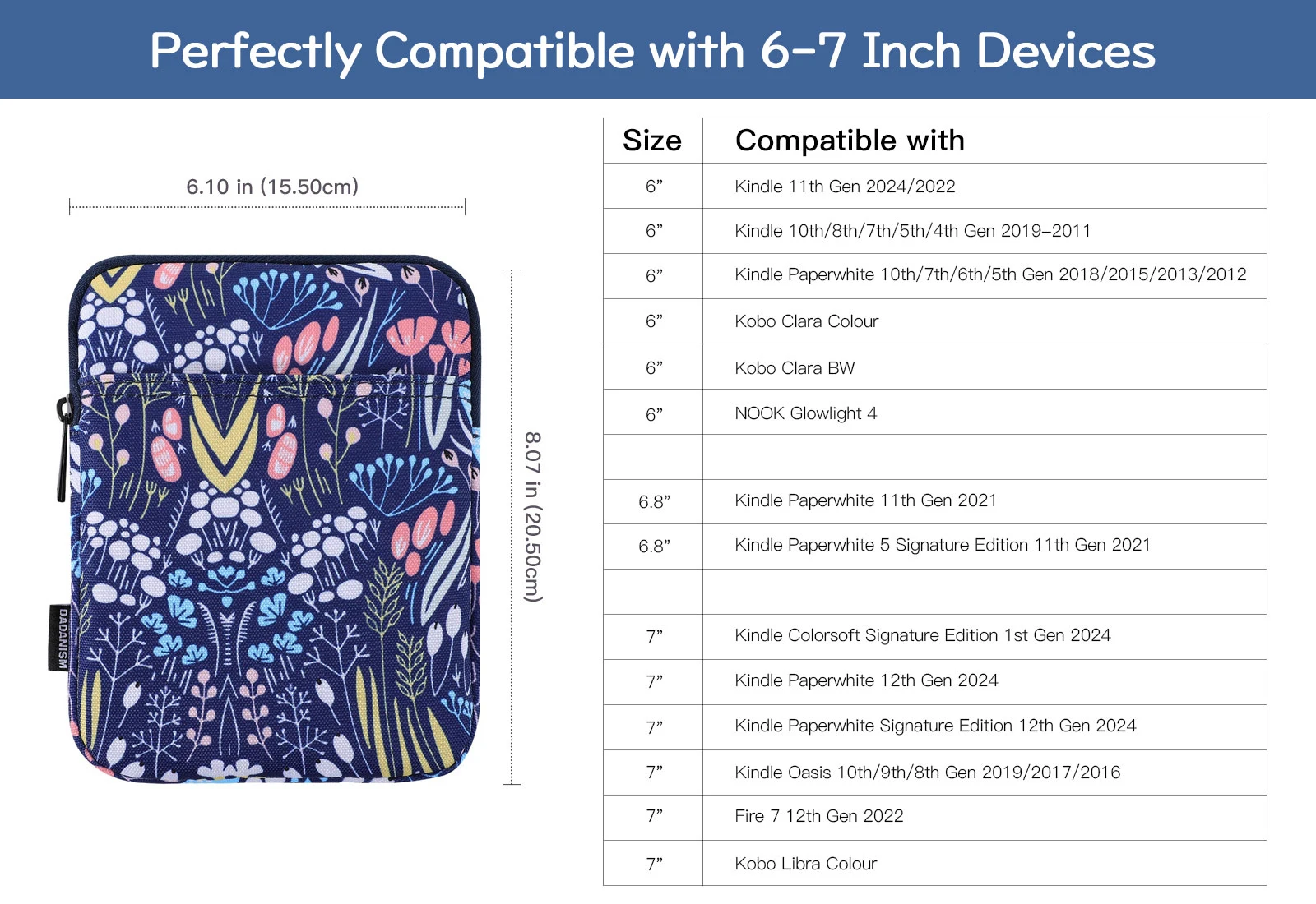 6-7 Inch Protective Sleeve Pouch Bag Carrying Case for 6" Kindle/Kindle Oasis/Kobo E-Reader Padded Sleeve for 7" Kindle Paperwhi