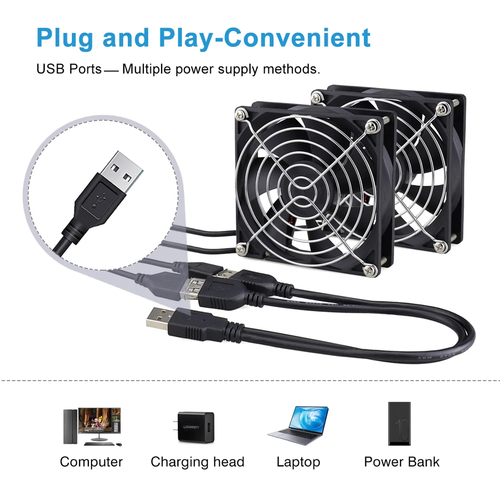 GDSTIME Dual 40mm 60mm 80mm 92mm 120mm 140mm 5V USB Fan w 2 in 1 USB Cable USB Controller For AV Receiver DVR and TV Box Cooling