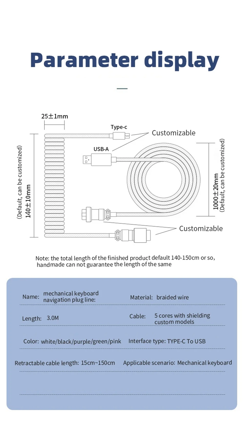 NNBILI New Custom Type C Mechanical Keyboard Coiled Cable USB Mechanical Keyboard Spring Wire Desktop Computer Aviation Connecto