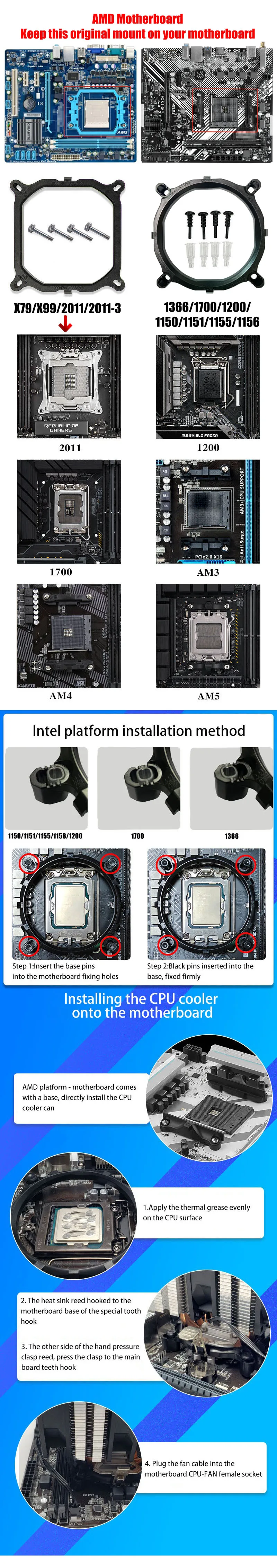 4 Heat Pipes CPU Cooler 3PIN/4Pin 120MM PC Accessories Fan For Intel LGA 1366 1150 1151 1155 1200 1700 2011 X79 X99 AM3 AM4 AM5