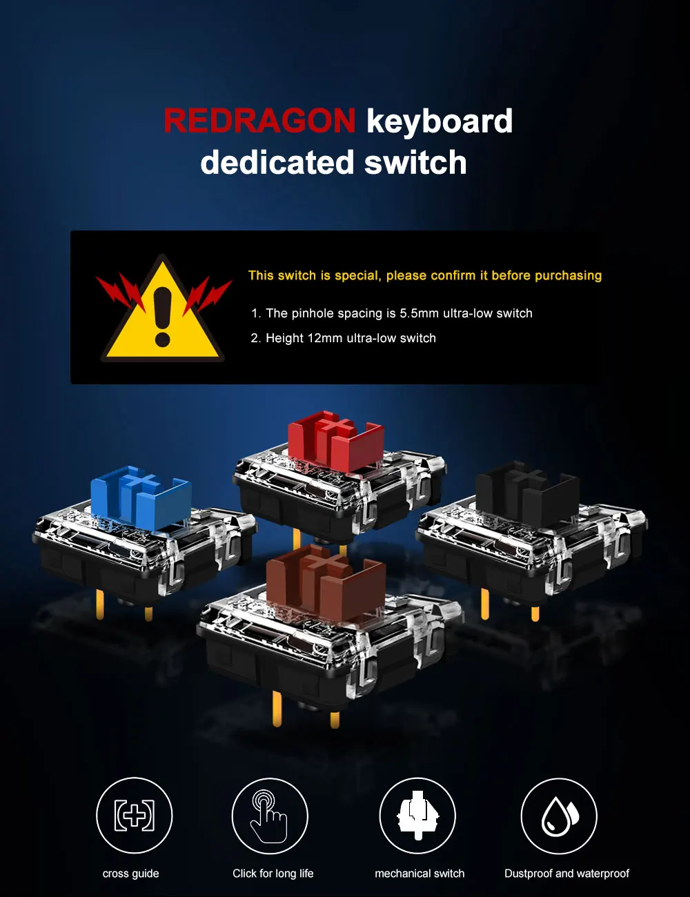 REDRAGON SMD RGB MX Low Profile 5.5 switch 3Pin Clicky Linear Tactile silent Mechanical keyboard red black blue brown Switche