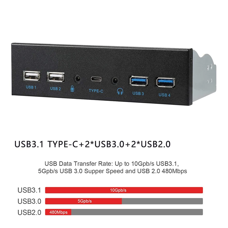 USB 3.0 Front Panel for PC USB 3.1 Type C + 2x USB3.0 + 2x USB2.0 Hub + HD Audio 3.5mm + Earphone MIC for 5.25" CD-ROM Drive Bay