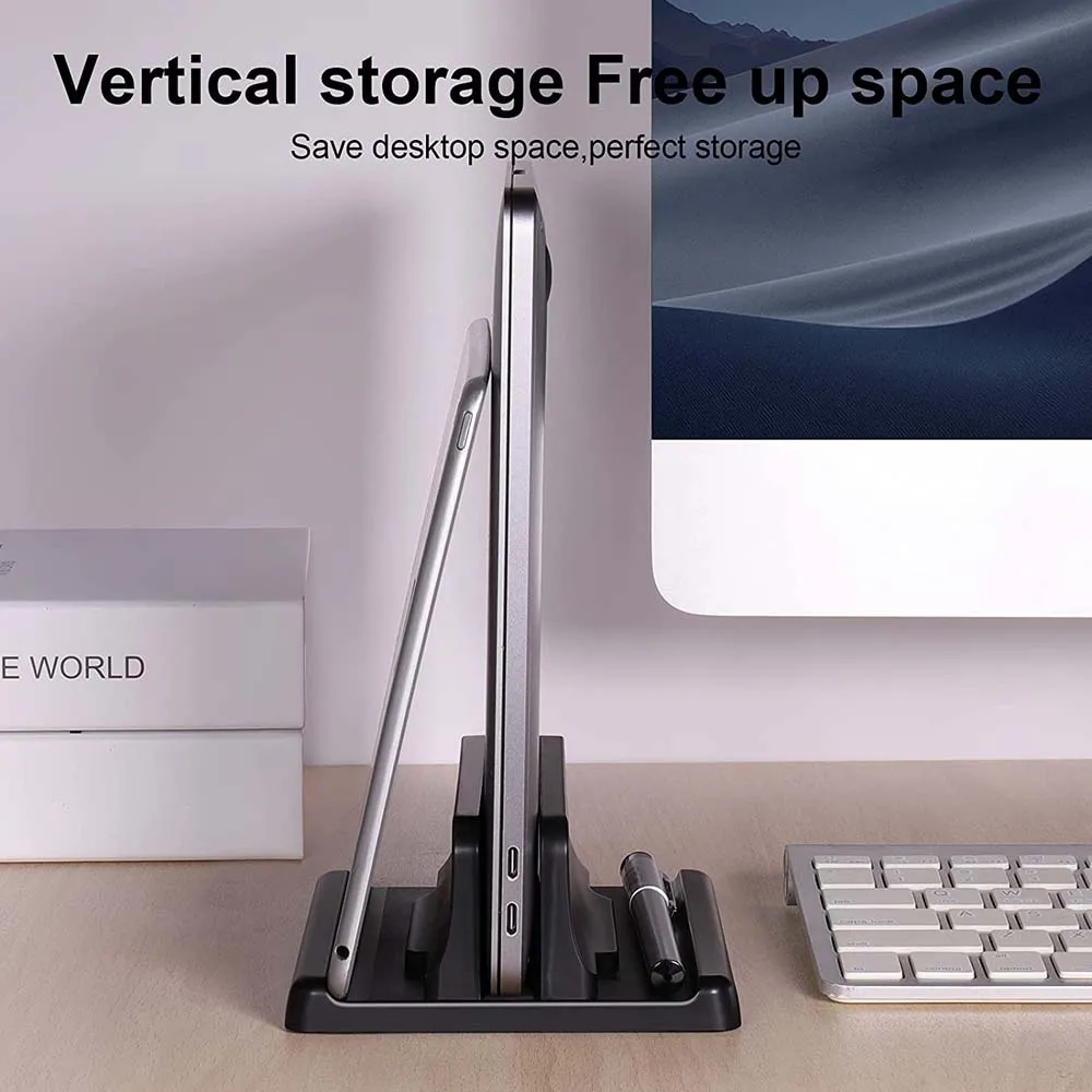 Dual-Slot Adjustable Vertical Laptop Stand ABS Plastic 4in1 Design Space-Saving for MacBook Chromebook Surface HP Dell Book iPad