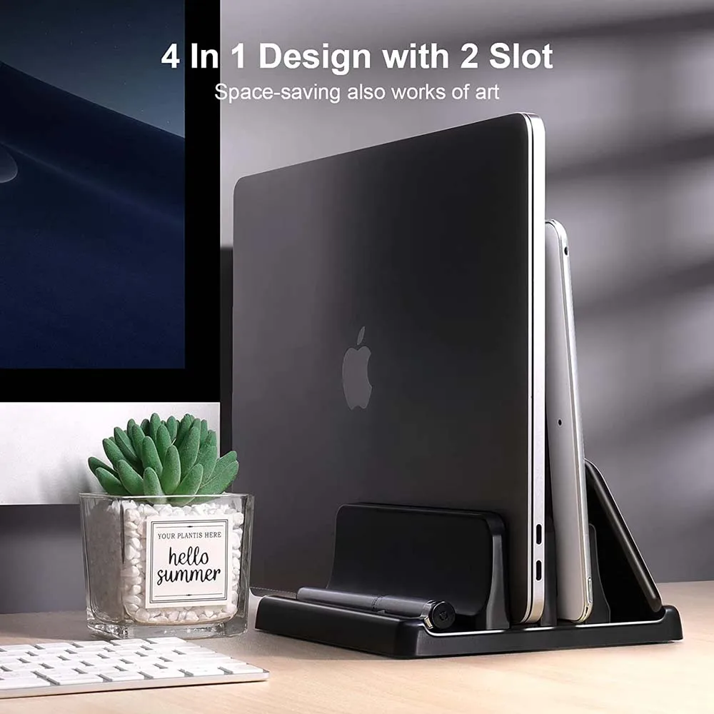 Dual-Slot Adjustable Vertical Laptop Stand ABS Plastic 4in1 Design Space-Saving for MacBook Chromebook Surface HP Dell Book iPad