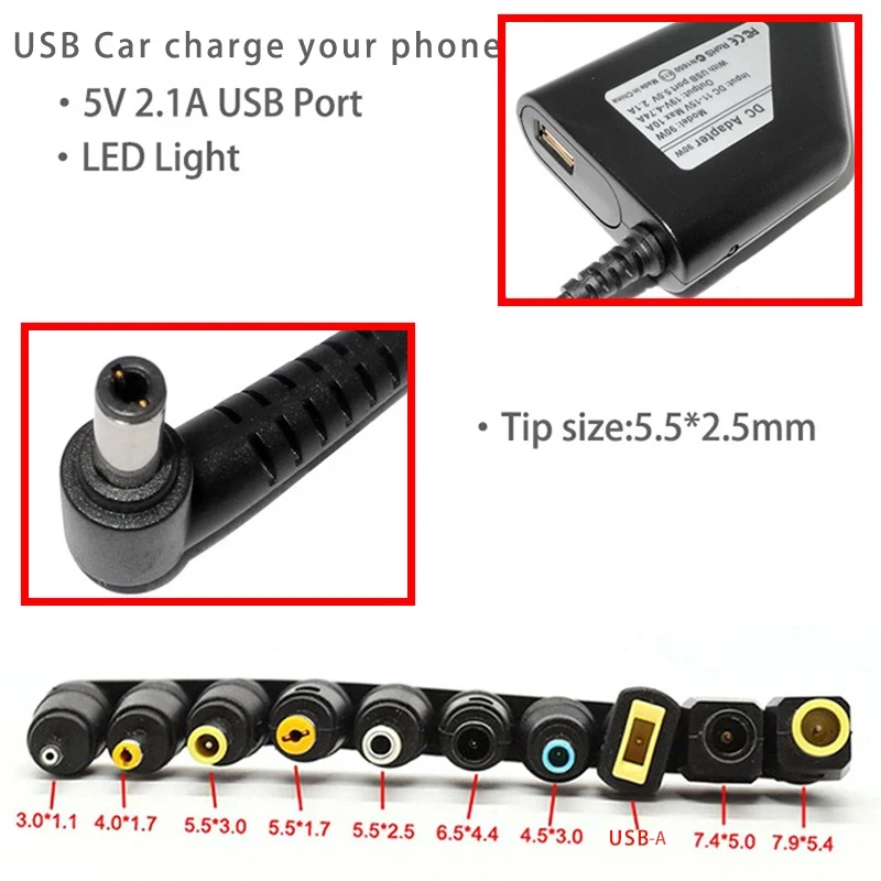 Car Charger19V 4.74A 90W Universal Laptop Power Adapter Charger for Lenovo Asus Acer Dell HP Samsung Toshiba with 10 Connectors