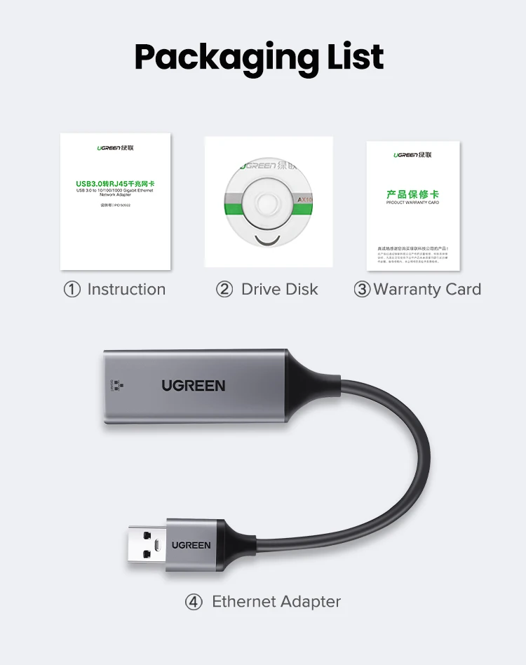 UGREEN USB Ethernet Adapter 1000/100Mbps USB3.0/2.0 to RJ45 Lan for Laptop PC Windows Xiaomi Mi Box Nintendo Switch Network Card