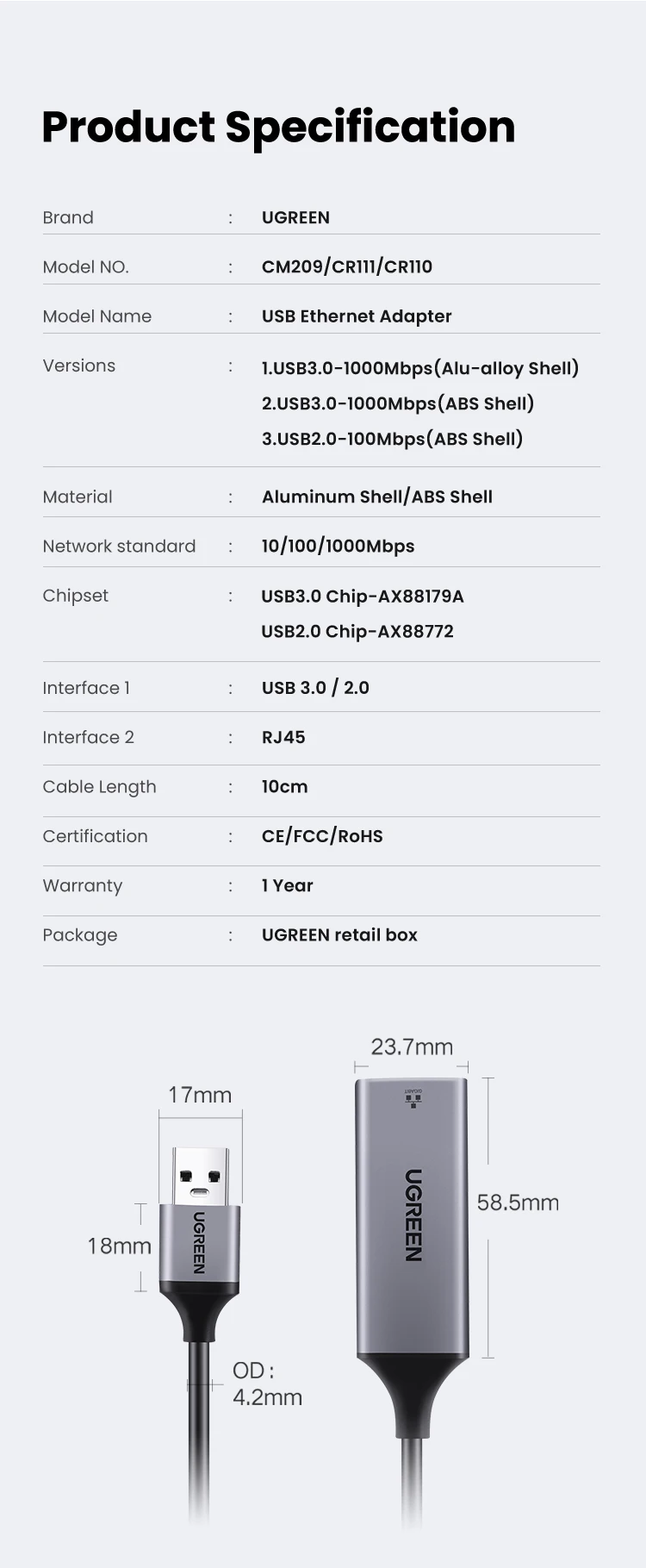 UGREEN USB Ethernet Adapter 1000/100Mbps USB3.0/2.0 to RJ45 Lan for Laptop PC Windows Xiaomi Mi Box Nintendo Switch Network Card