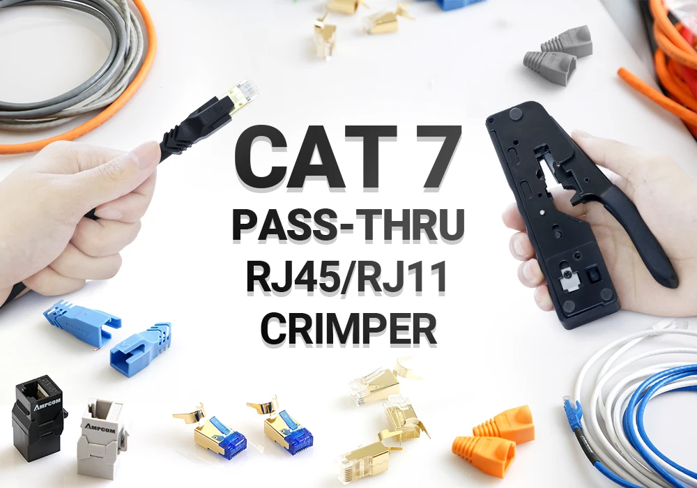 AMPCOM rj45 Crimper CAT7 Crimping Tool for Pass Through RJ11 RJ 45 Connector CAT6 CAT5E Modular Plugs With Wire Stripper Cutter