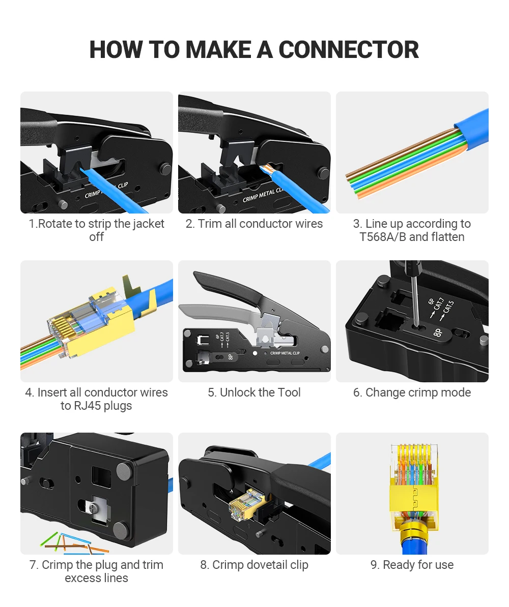 AMPCOM rj45 Crimper CAT7 Crimping Tool for Pass Through RJ11 RJ 45 Connector CAT6 CAT5E Modular Plugs With Wire Stripper Cutter