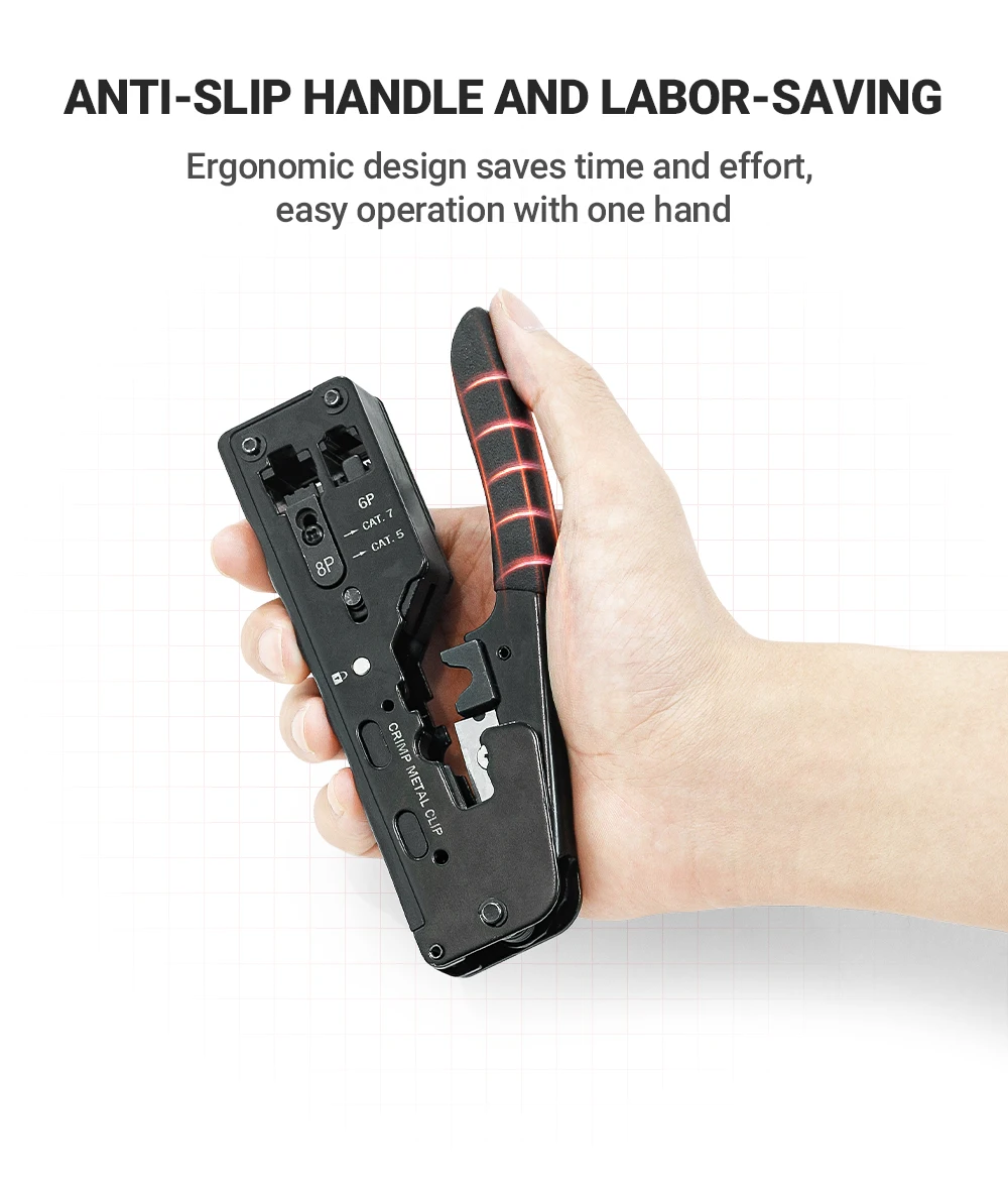 AMPCOM rj45 Crimper CAT7 Crimping Tool for Pass Through RJ11 RJ 45 Connector CAT6 CAT5E Modular Plugs With Wire Stripper Cutter
