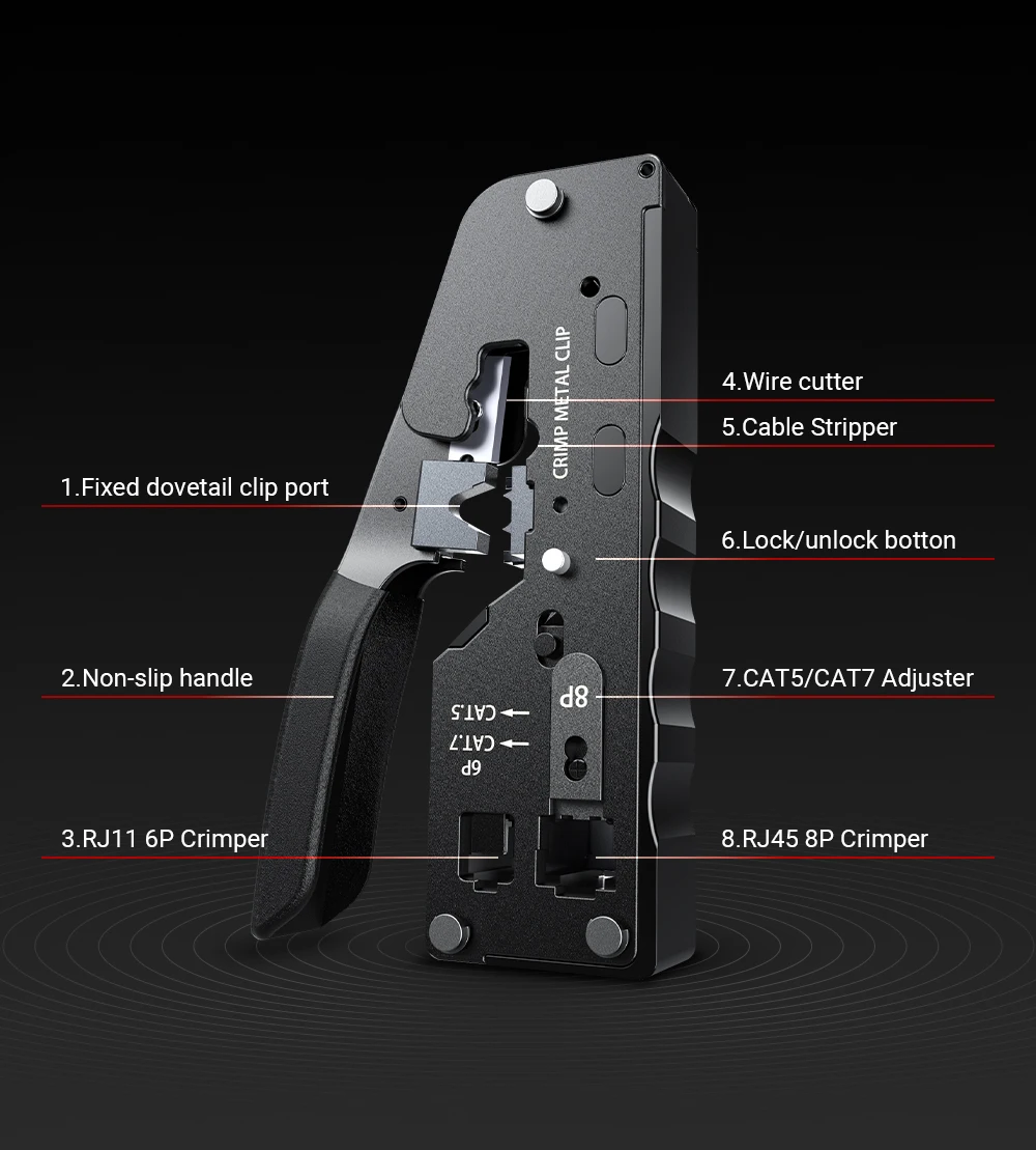 AMPCOM rj45 Crimper CAT7 Crimping Tool for Pass Through RJ11 RJ 45 Connector CAT6 CAT5E Modular Plugs With Wire Stripper Cutter