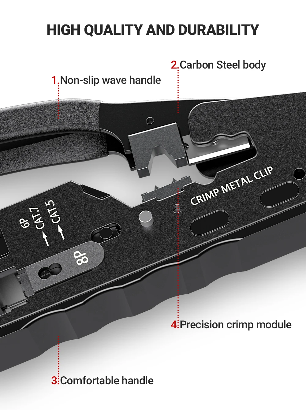 AMPCOM rj45 Crimper CAT7 Crimping Tool for Pass Through RJ11 RJ 45 Connector CAT6 CAT5E Modular Plugs With Wire Stripper Cutter