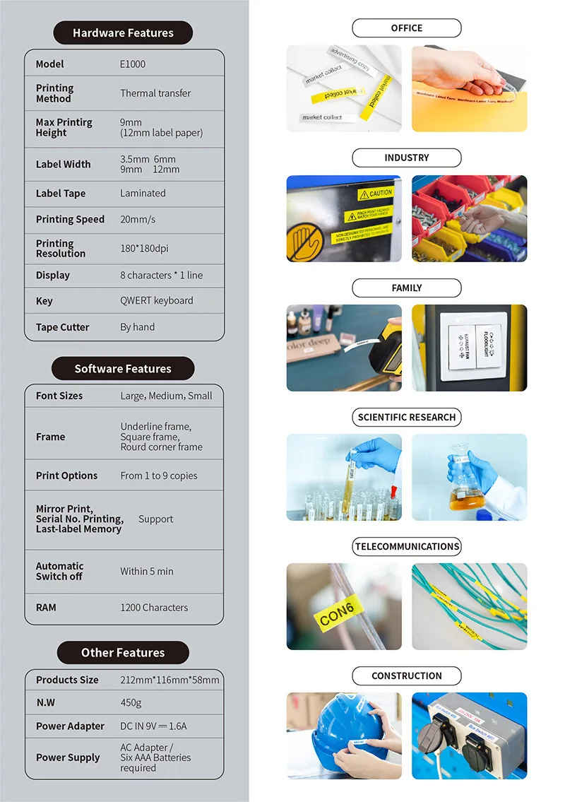 Handheld Label Maker Compatible for Brother Ptouch tze Cable Label Machine 203dpi E1000PRO Labeler for Communication Cable Label