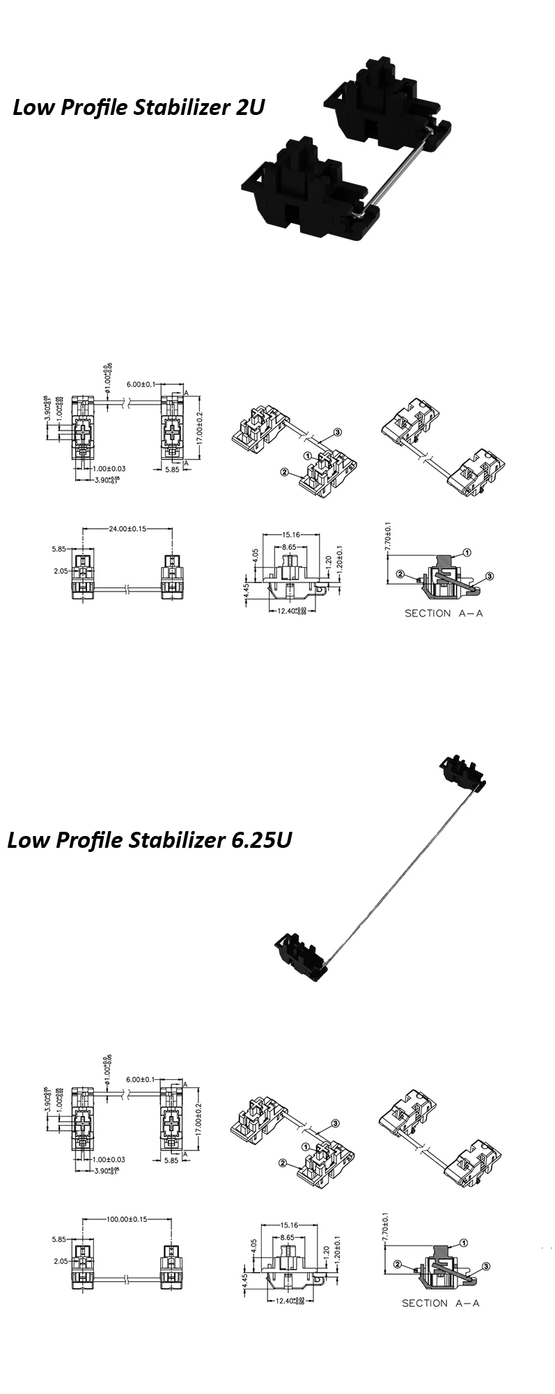 GATERON Low Profile Stabilizer Plated Mounted Black Customized 6.25u 2u Low Profile Switch DIY Hotswap Available For Keyboard