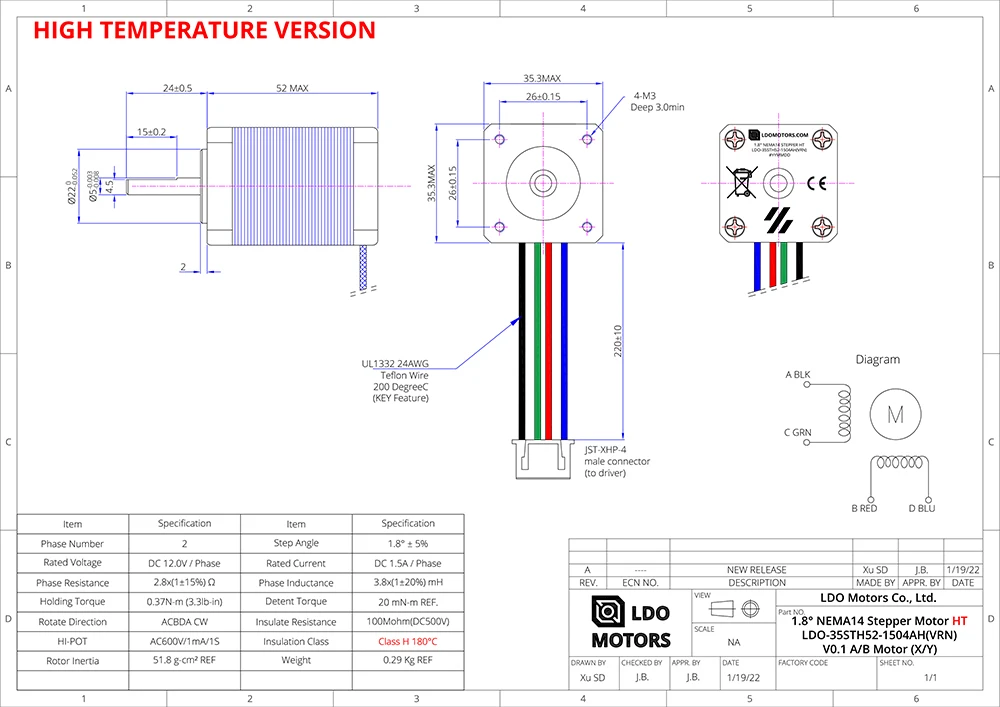 BIQU VORON V0.1 Extruder Motor Kit LDO Motor 180°C High Temperature LDO-36STH20-1004AHG Nema17 3D Printer Stepper Motor