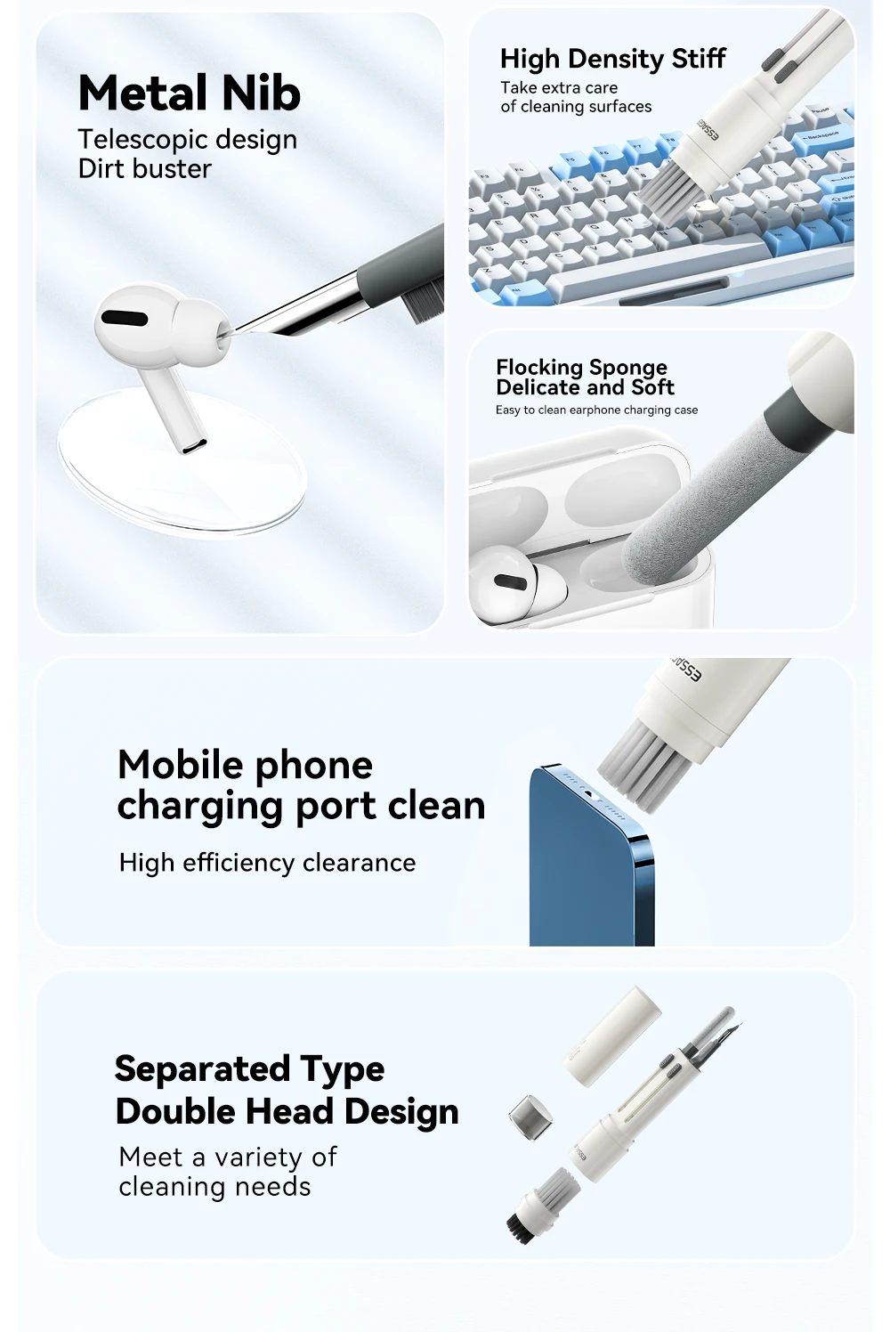 Essager 5 in 1 Cleaning Kit For Computer Keyboard Cleaner Brush Earphones Cleaning Pen For AirPods Pro 3 iPhone Cleaning Tools