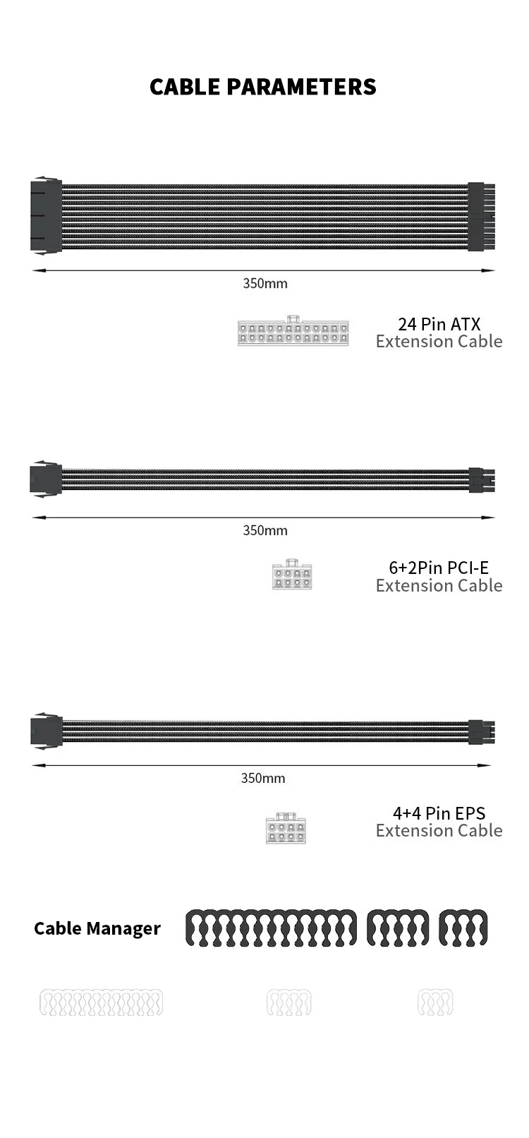 TEUCER 350mm ATX EPS PCI-E Extension Cable for CPU GPU Motherboard 24PIN 4+4PIN 6+2PIN 8PIN PSU Extension Cord