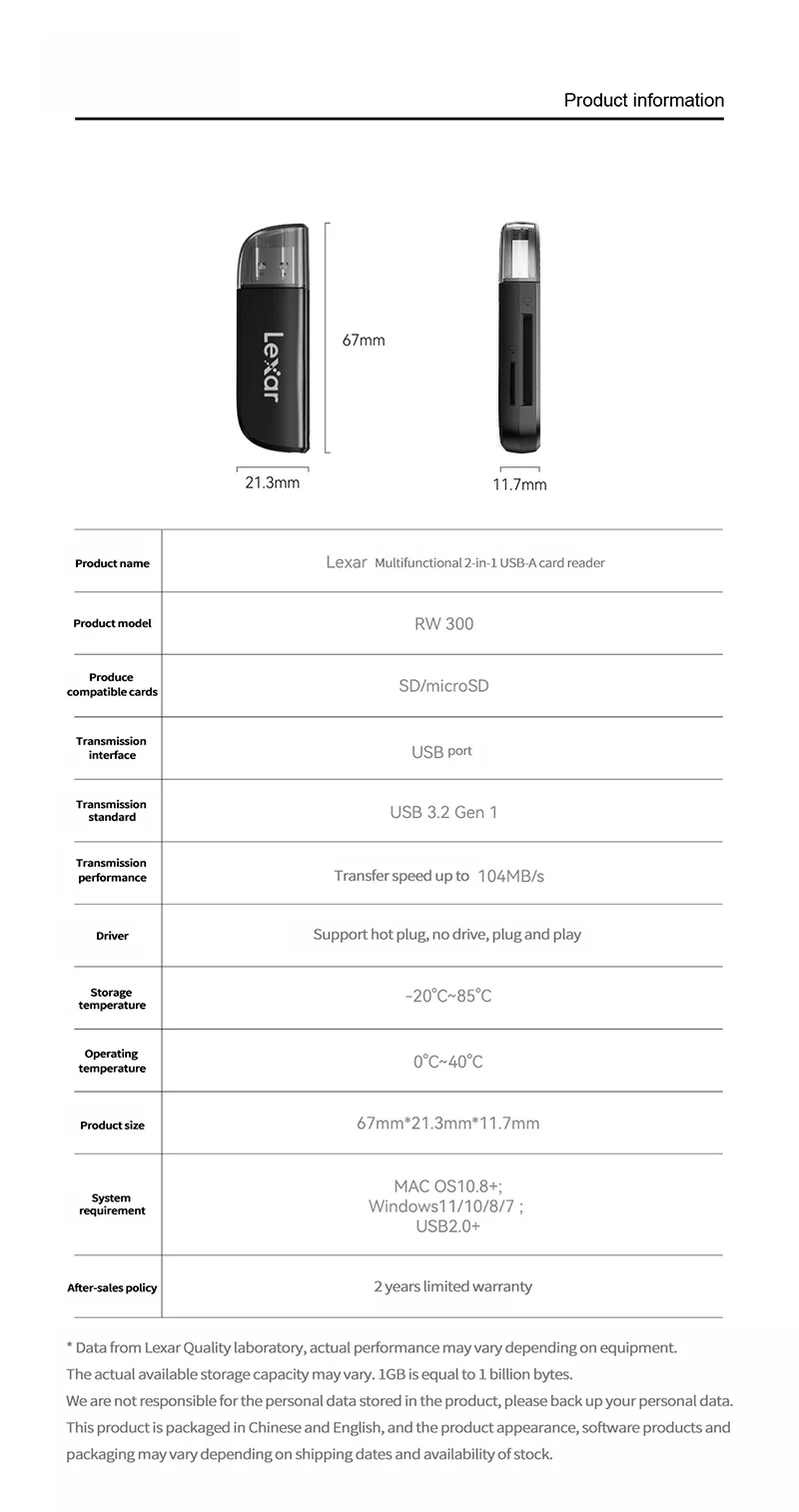 Original Lexar 300U Multi 2 in 1 USB Type A Card Reader Support SD/Micro SD Card Memoria Card Reader For MicroSDHC/SDXC