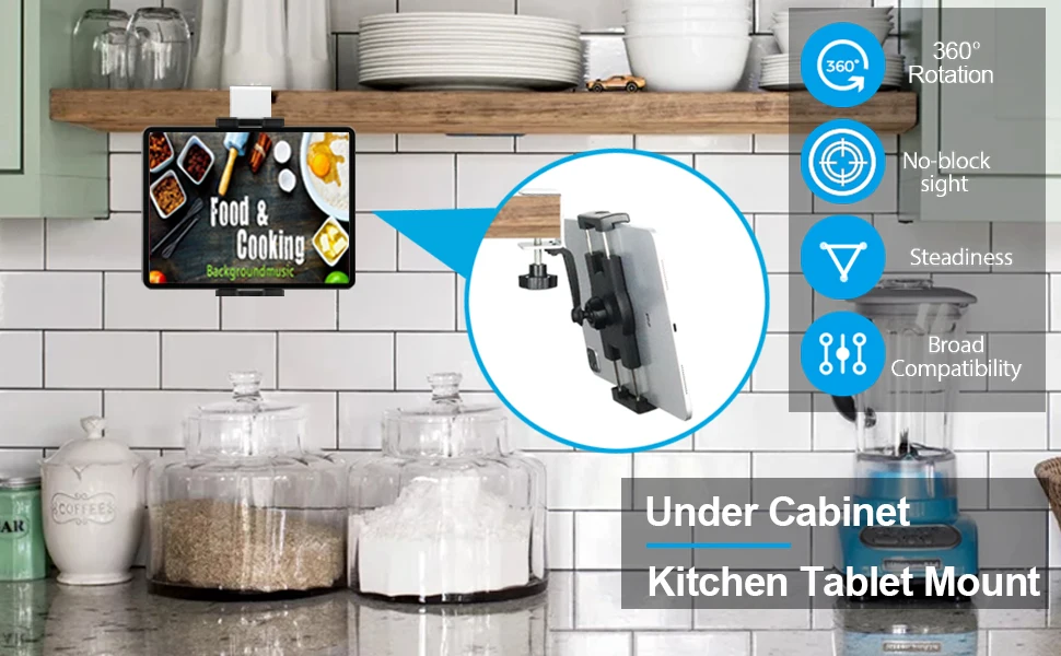 Kitchen Cabinet Tablet Mount Stand for 4-13'' Tablet & Phone Holder Stand Metal Tablets Cellphone Clamp Holder for IPad Air Pro