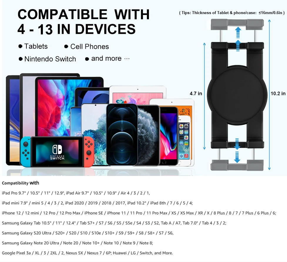 Kitchen Cabinet Tablet Mount Stand for 4-13'' Tablet & Phone Holder Stand Metal Tablets Cellphone Clamp Holder for IPad Air Pro