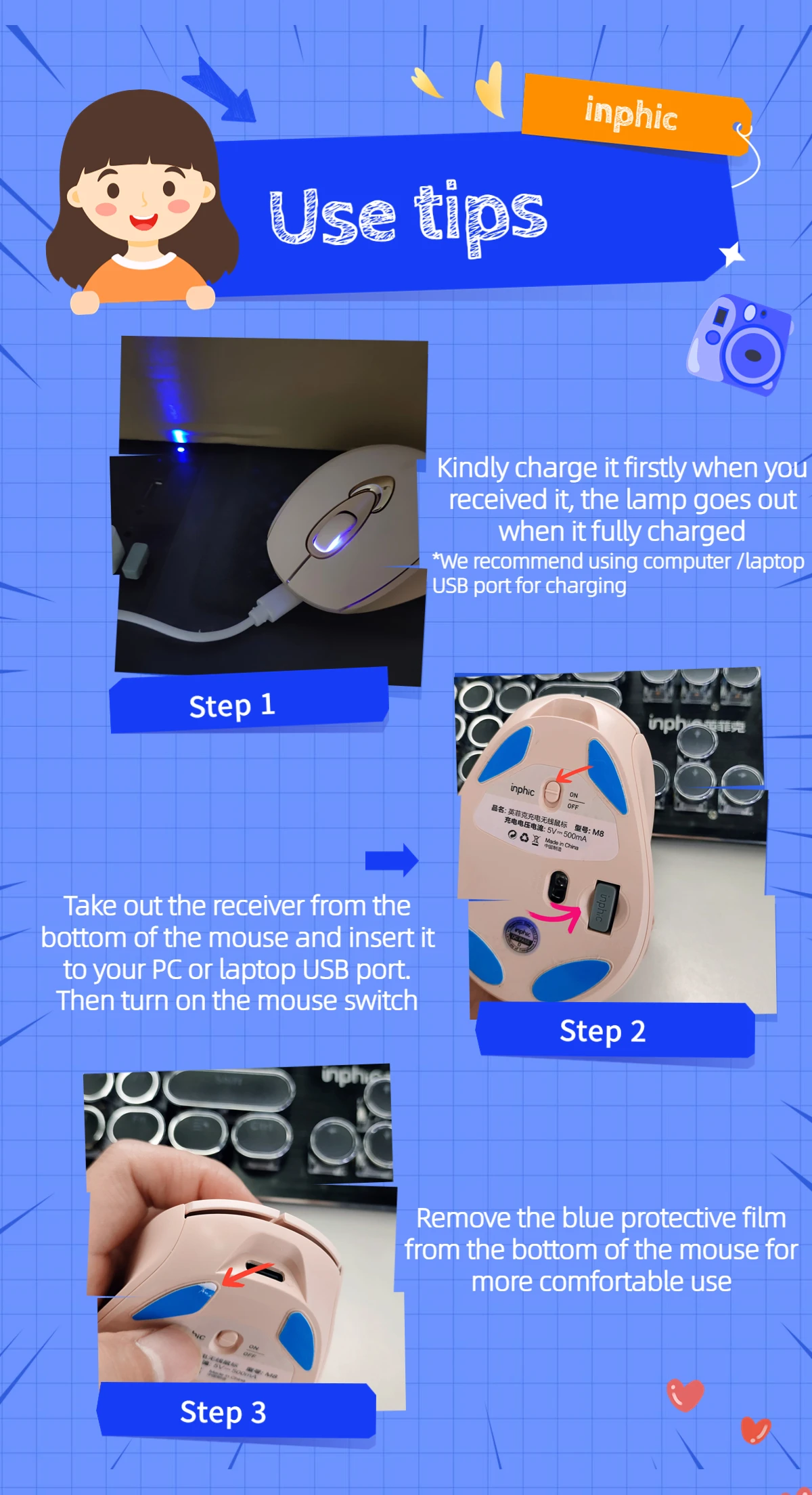 INPHIC Bluetooth Wireless Mouse Rechargeable 700mAh Ergonomic Mice 2.4G USB Receiver Mecha Gaming Mouse Laptop PC Mac MacBook
