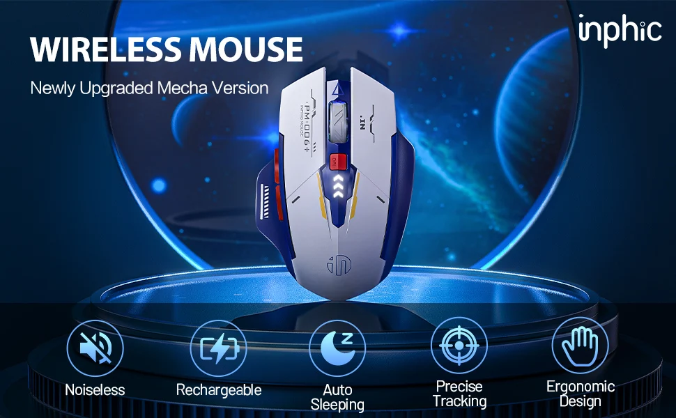INPHIC Bluetooth Wireless Mouse Rechargeable 700mAh Ergonomic Mice 2.4G USB Receiver Mecha Gaming Mouse Laptop PC Mac MacBook