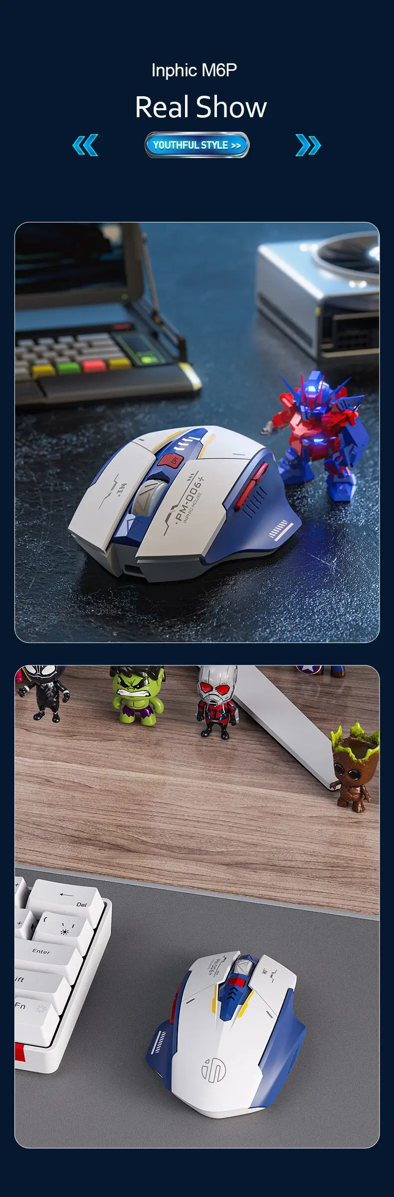 INPHIC Bluetooth Wireless Mouse Rechargeable 700mAh Ergonomic Mice 2.4G USB Receiver Mecha Gaming Mouse Laptop PC Mac MacBook