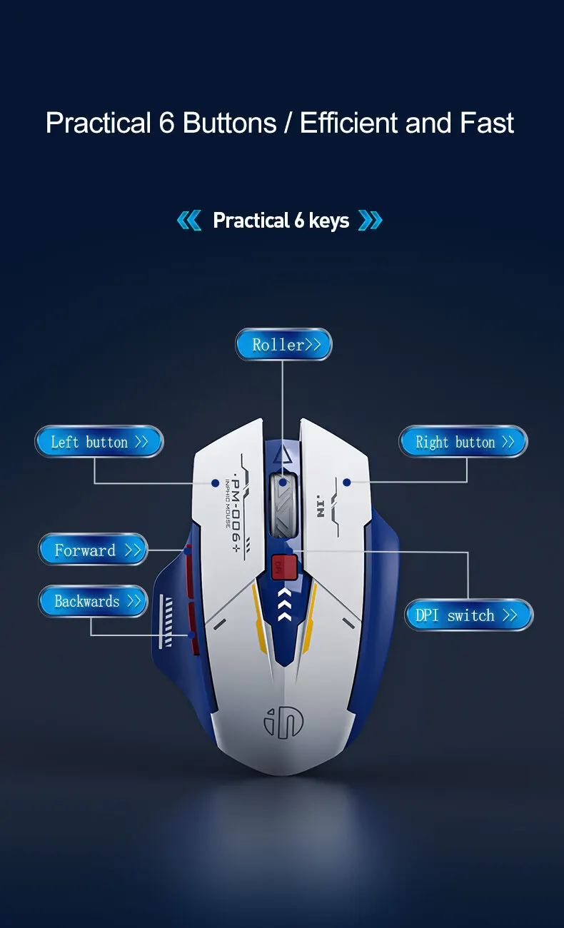 INPHIC Bluetooth Wireless Mouse Rechargeable 700mAh Ergonomic Mice 2.4G USB Receiver Mecha Gaming Mouse Laptop PC Mac MacBook