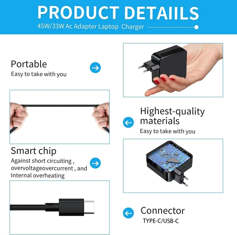 65W Type C 20V 3.25A 45W USB C Phone PD Laptop Charger Power Ac Adapter For MacBook ASUS ZenBook Lenovo Dell Xiaomi Air HP Sony